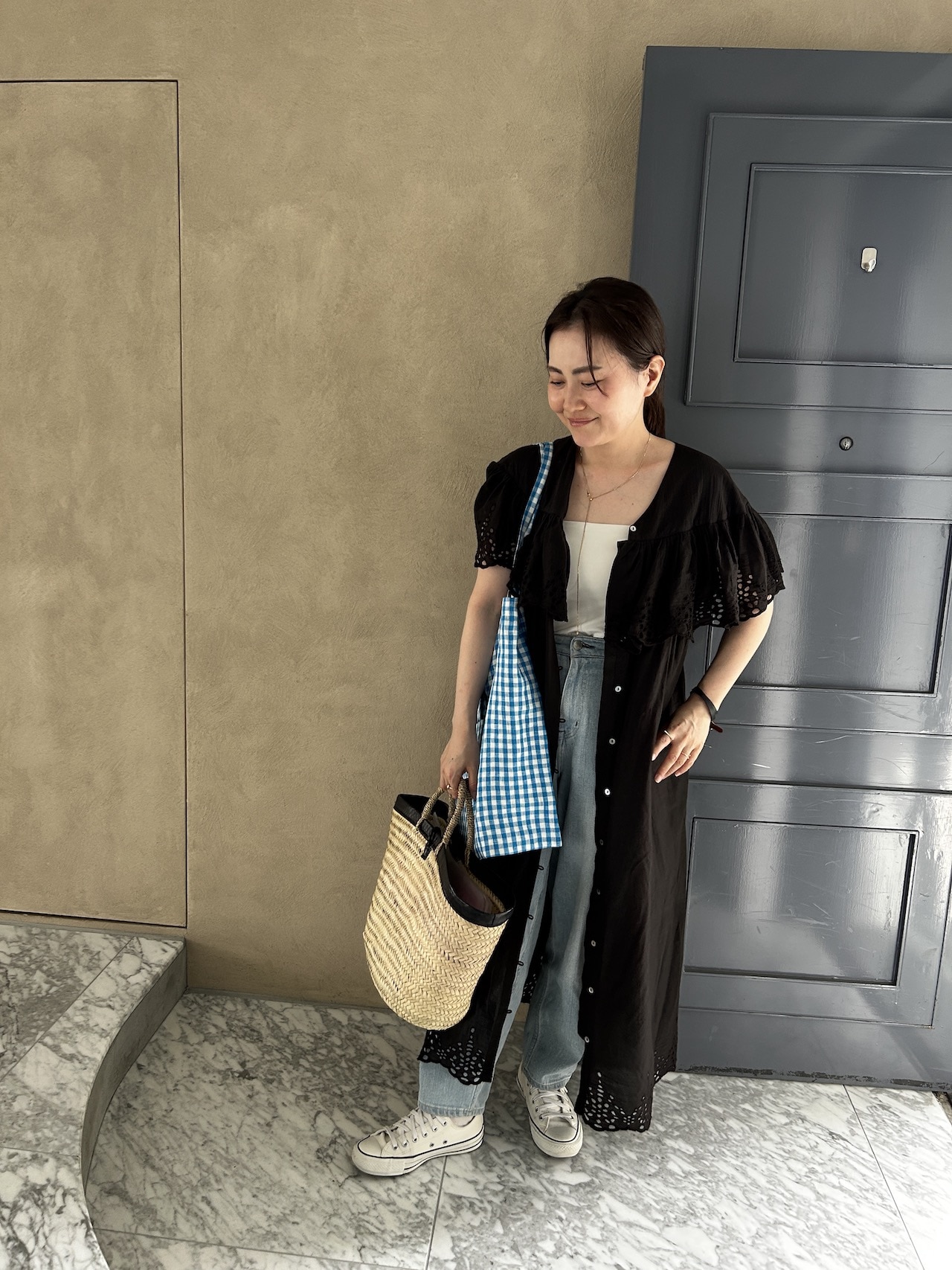 【12closet】kazumiさんコラボ 前後2WAY インドコットン刺しゅうワンピースを使ったデニムコーデ