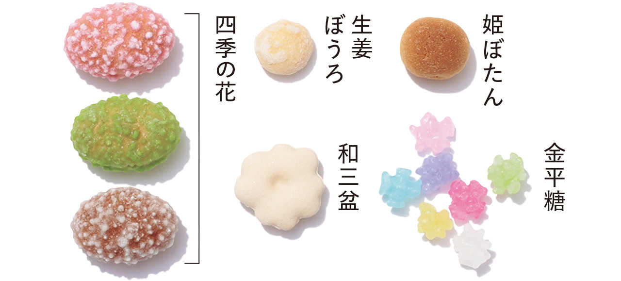 「吹寄せ」（姫ぼたん、金平糖、生姜ぼうろ、和三盆、四季の花）