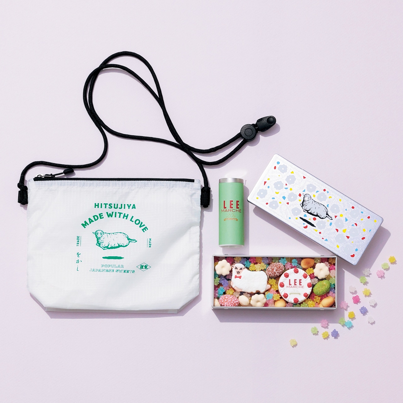 LEEマルシェ初 20th Anniv. LEE限定 をかし ひつじや 【LEEマルシェ20th別注】吹寄せ缶＋羊かん珈琲＋サコッシュセット