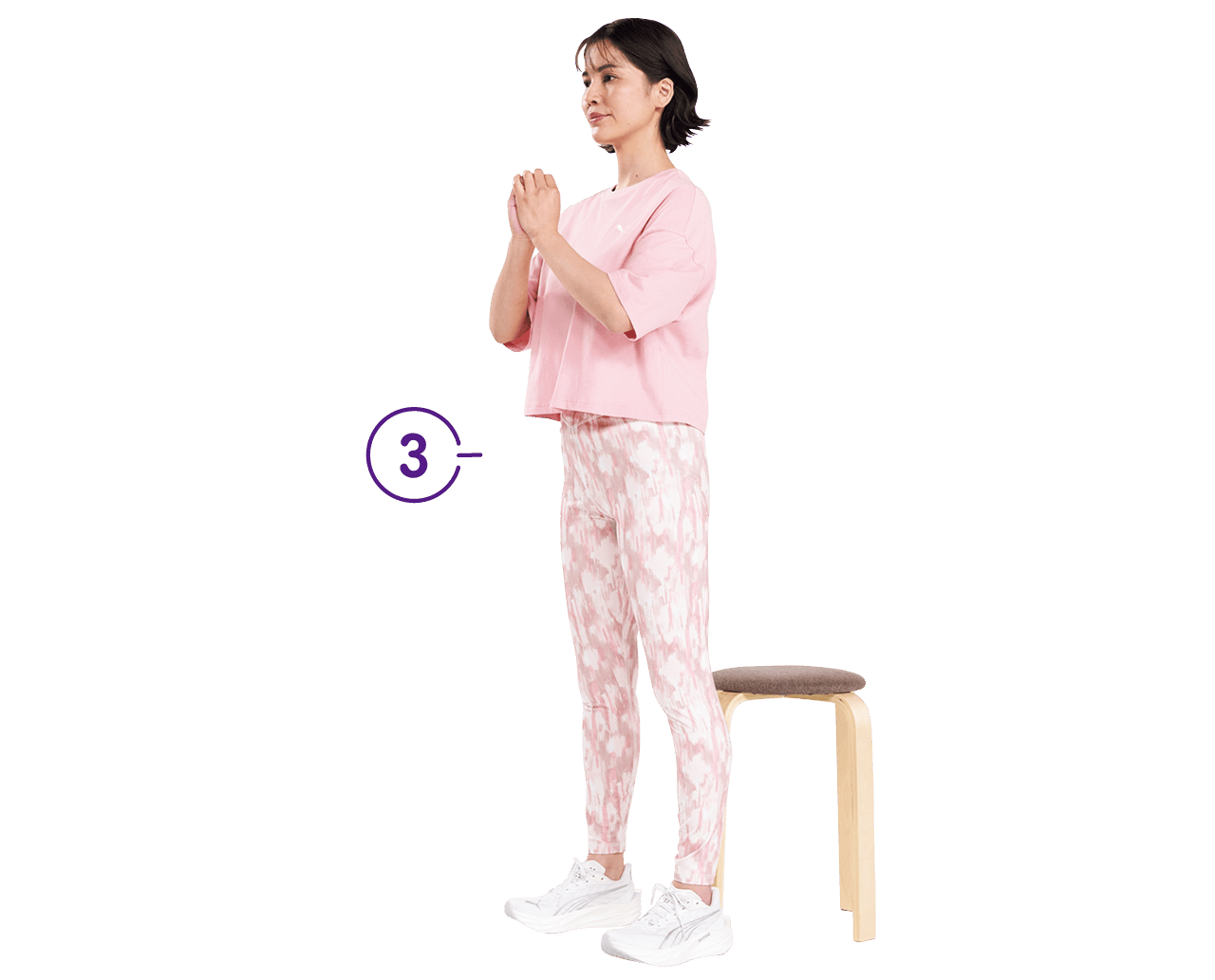 立ち上がったら逆の動作（2→1）でゆっくりと座る。動きに慣れてきたら、お尻が椅子に触れた瞬間すぐ立ち上がるようにしてスピードアップ。