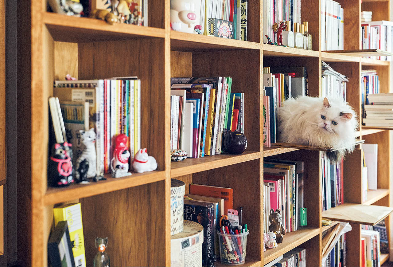 本棚は猫のオブジェを飾り、キャットタワーを兼ねる