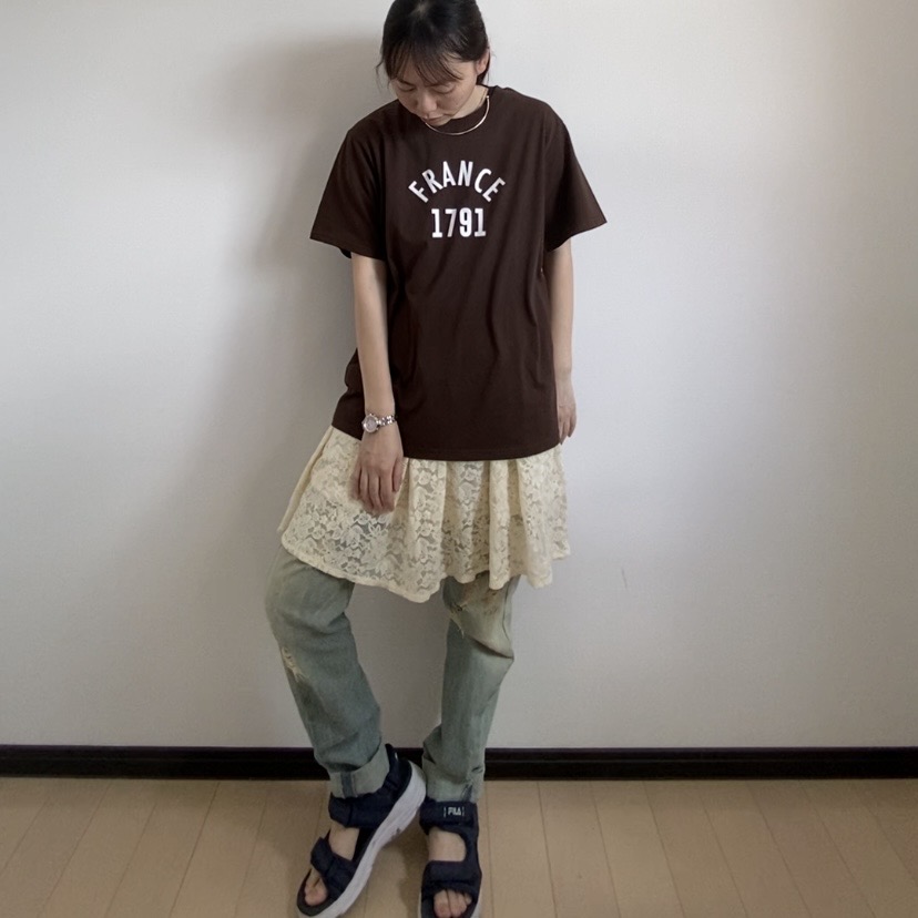 ブラウン　Tシャツ　レース