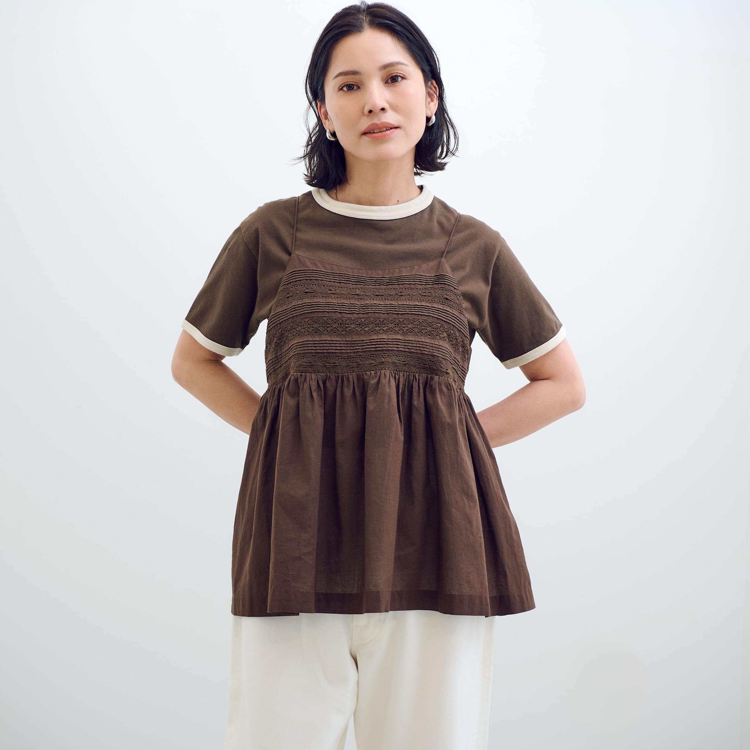 【12closet (トゥエルブクローゼット)】【洗える】インドコットンレース切り替えキャミソール