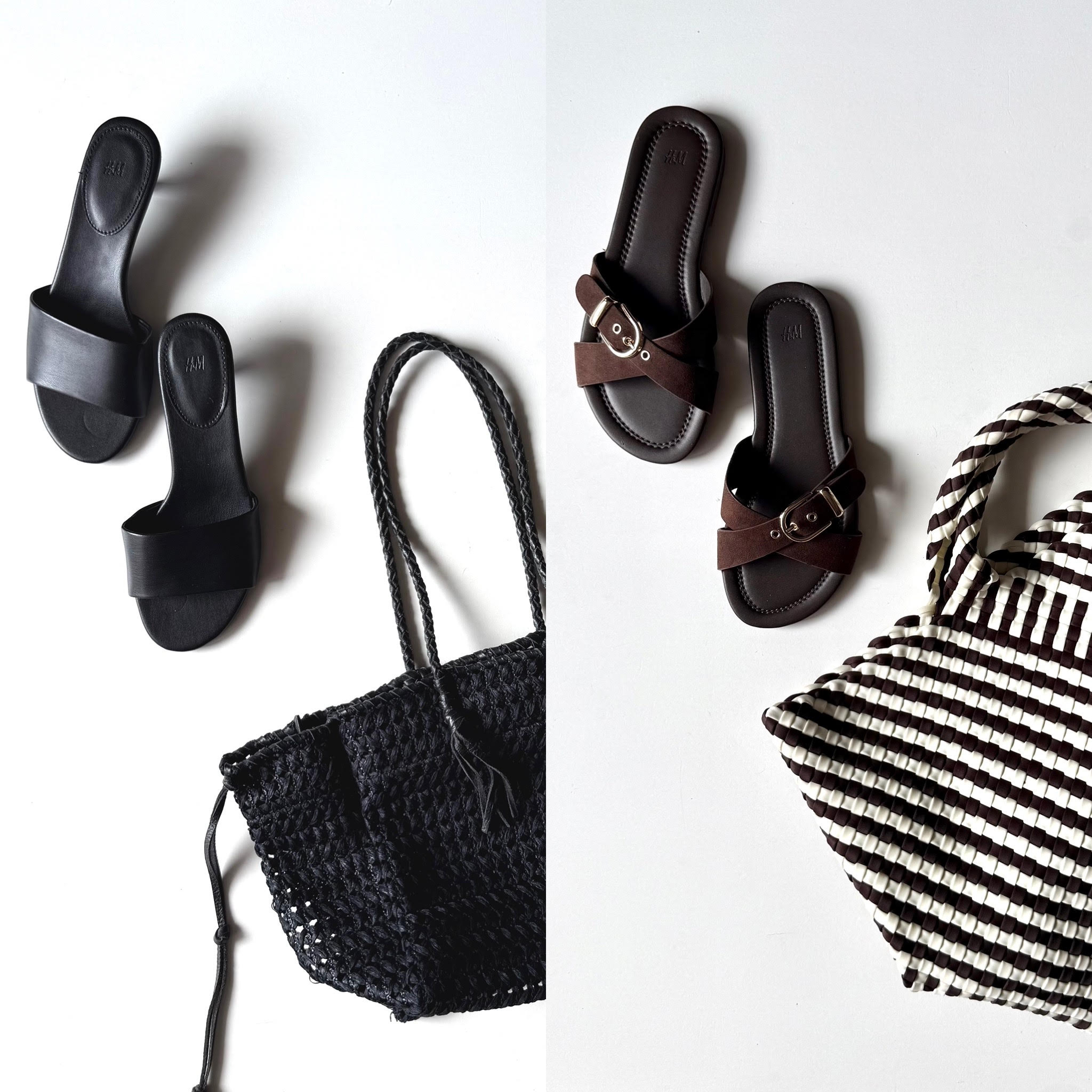 H&M サンダル　黒　茶　MARY AL TERNA　かごバッグ　NAGHEDI  St Barths  L Tote