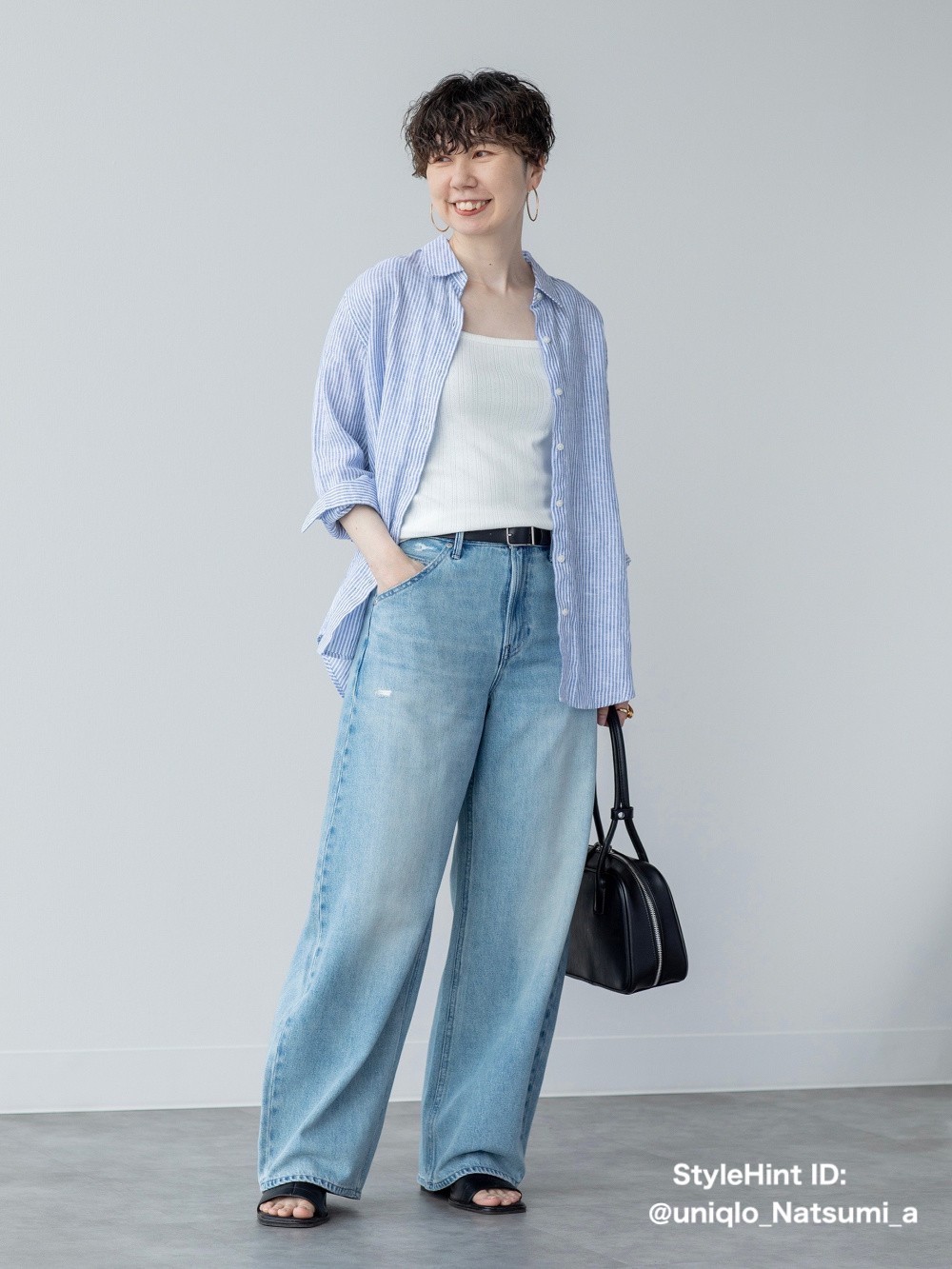 ユニクロ「プレミアムリネンシャツ」63 BLUE（ストライプ）コーデ