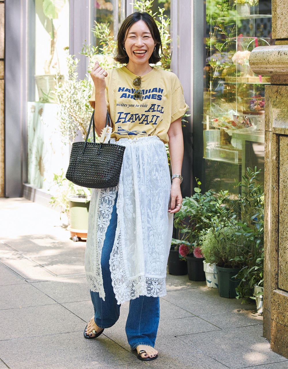 【レーススカートコーデ】プリントTシャツにマッチするヴィンテージ風レースに一目惚れ! LEE100人隊 No.069 おなつさん