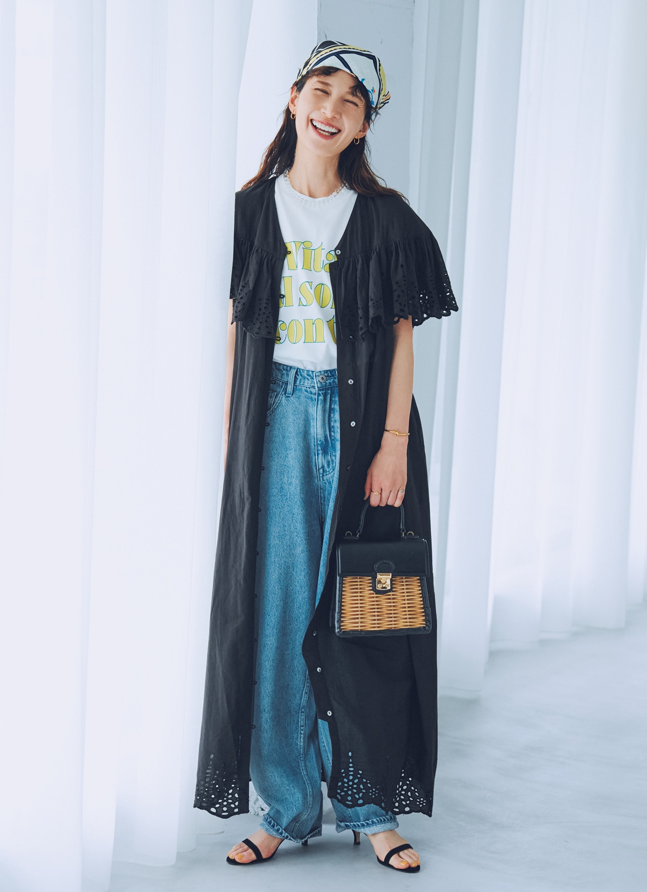 kazumiさんの12closet インドコットンの2wayワンピとライトオンスのカーヴィデニム（サックスブルー）のコーデ