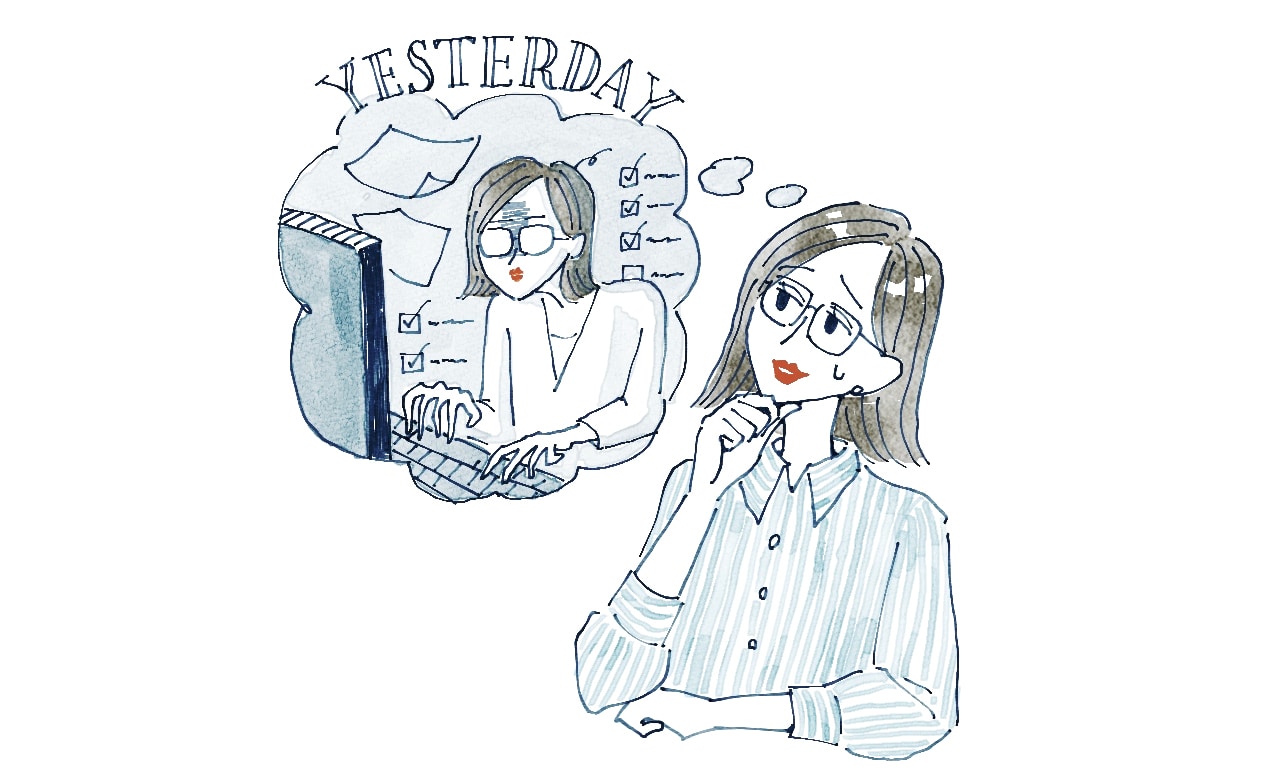 前日の時間の使い方を振り返る様子のイラスト