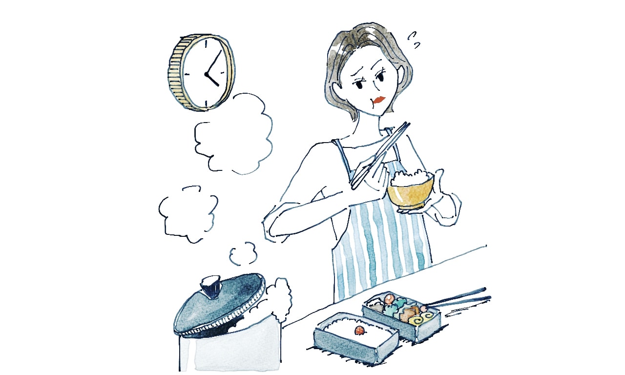 夫の弁当と夕食を作りながら立ったまま朝食を食べる様子のイラスト