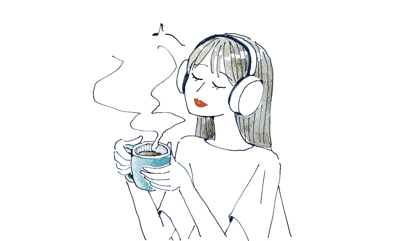 ハーブティーを飲みながら好きな音楽を聴いている様子のイラスト