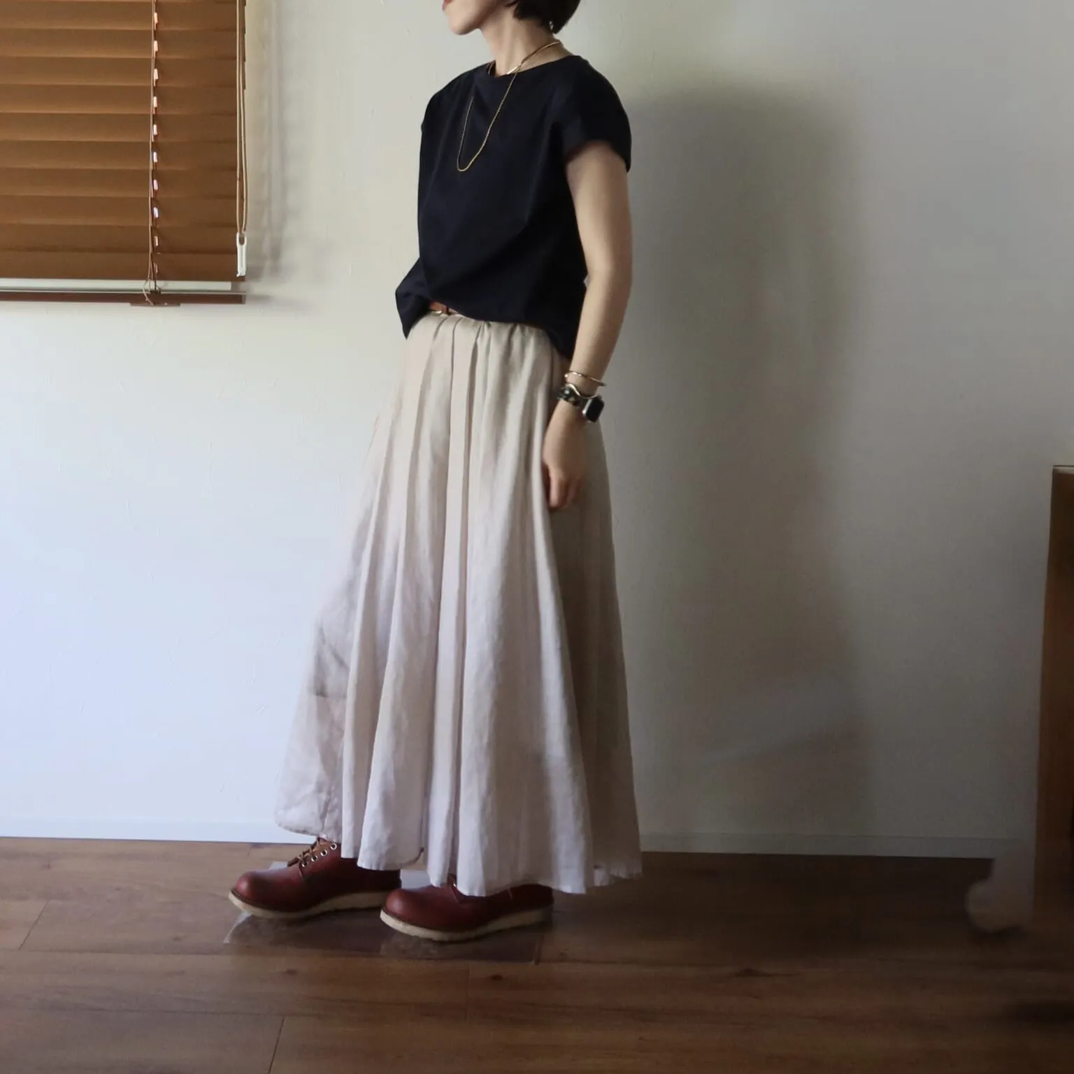 無印良品「婦人 天竺編みフレンチスリーブTシャツ」(ダークネイビー・通常価格¥990)のコーデ