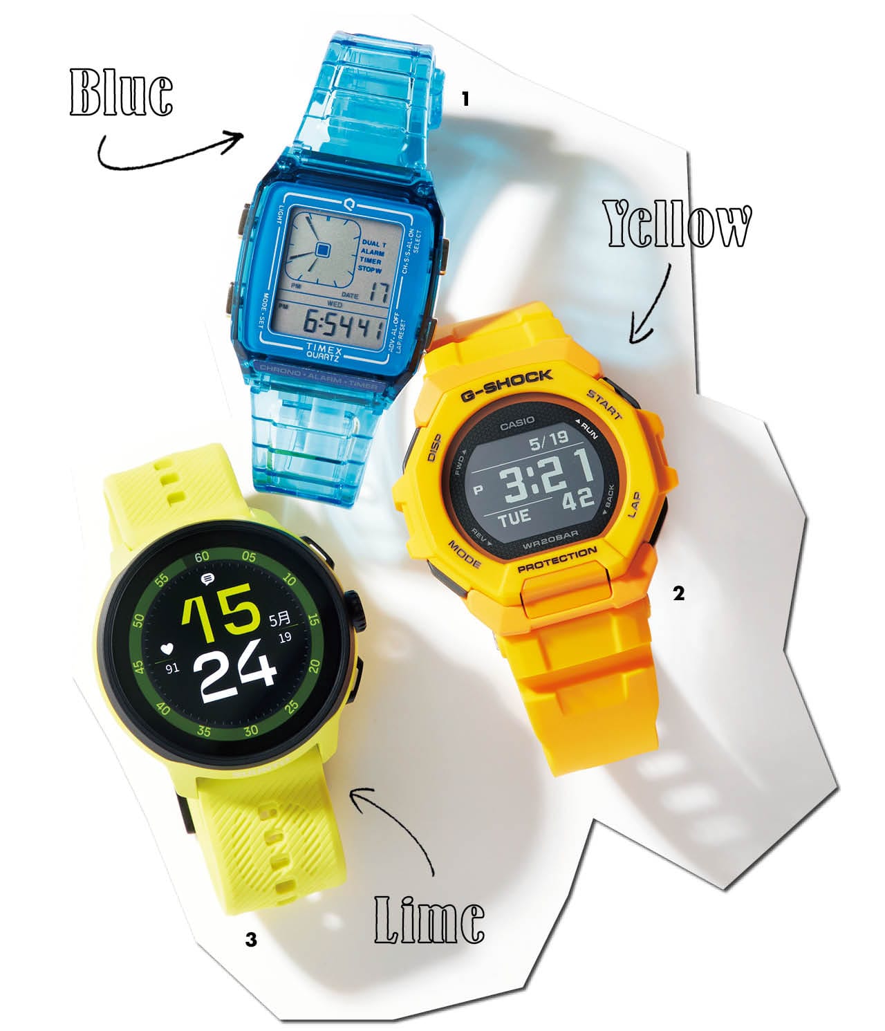 1.「Q LCA Transparent」(35×35)¥17050/ウエニ貿易(タイメックス) 2.「GBD-300-9JF」(48.9×47.4)¥25300/カシオ計算機 お客様相談室(ジーショック) 3.「Suunto Run」(46)¥34650/スント カスタマーサポート(スント)