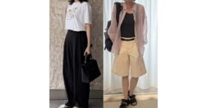 ユニクロの白Tシャツ×黒パンツコーデと、黒タンクトップ×ベージュのハーフパンツコーデ