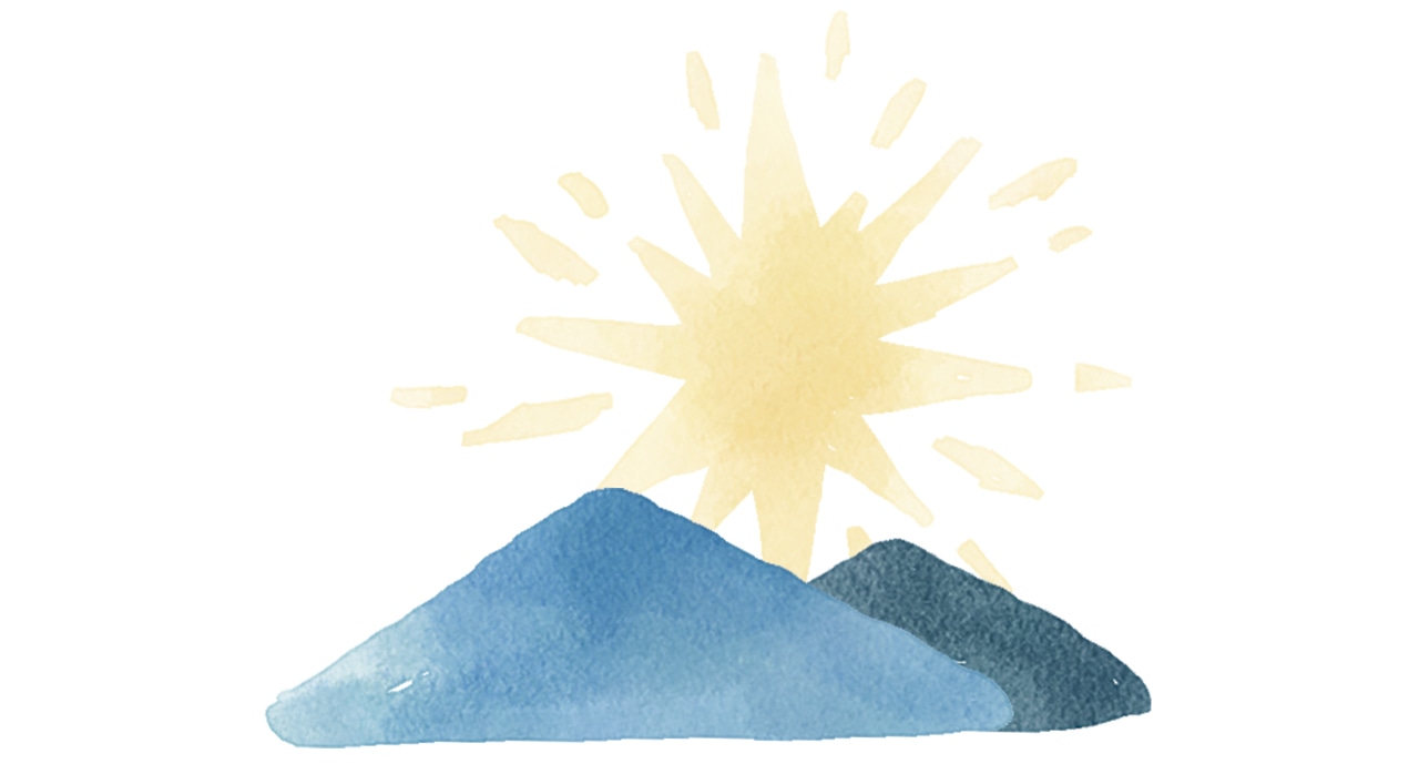 山間から朝日が覗く風景のイラスト