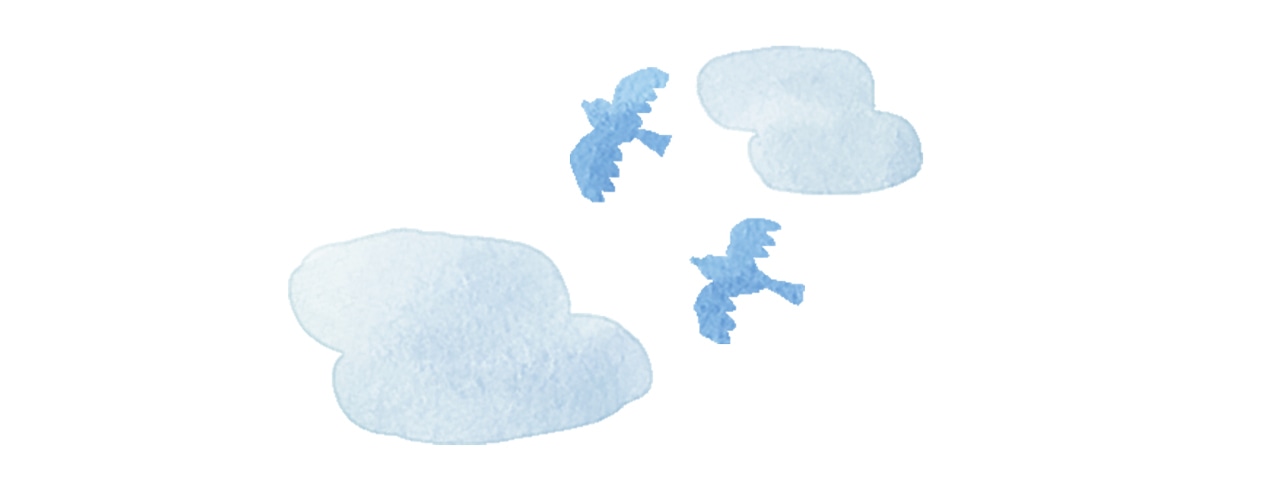 雲の合間を2羽の鳥が飛んでいる風景のイラスト