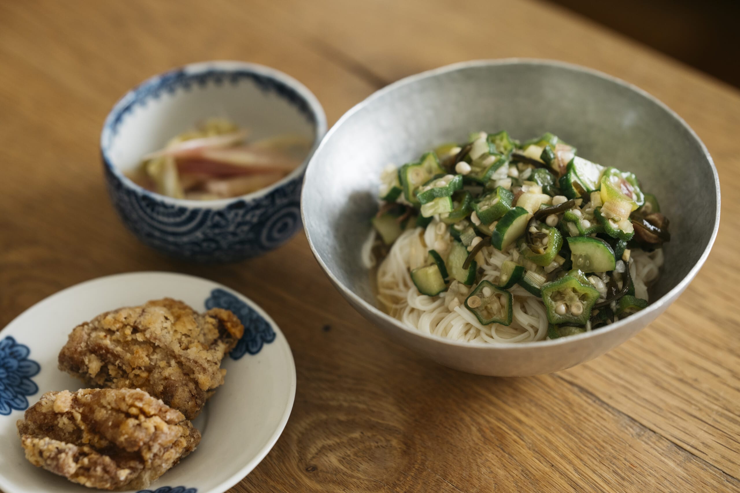 小林まさみさん だしそうめん、ミョウガ漬け、唐揚げ