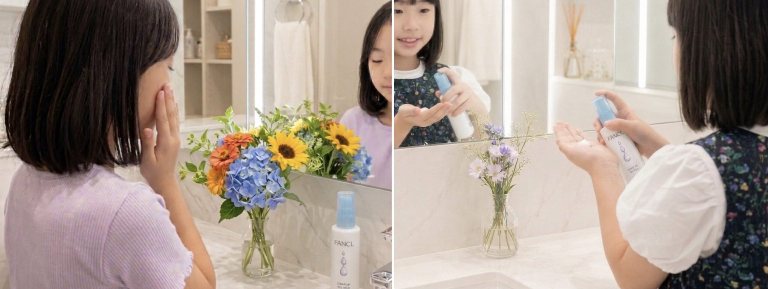 ファンケル(FANCL)のクリアアップジェルミルクを顔に塗ってスキンケアする小学生女児写真2枚