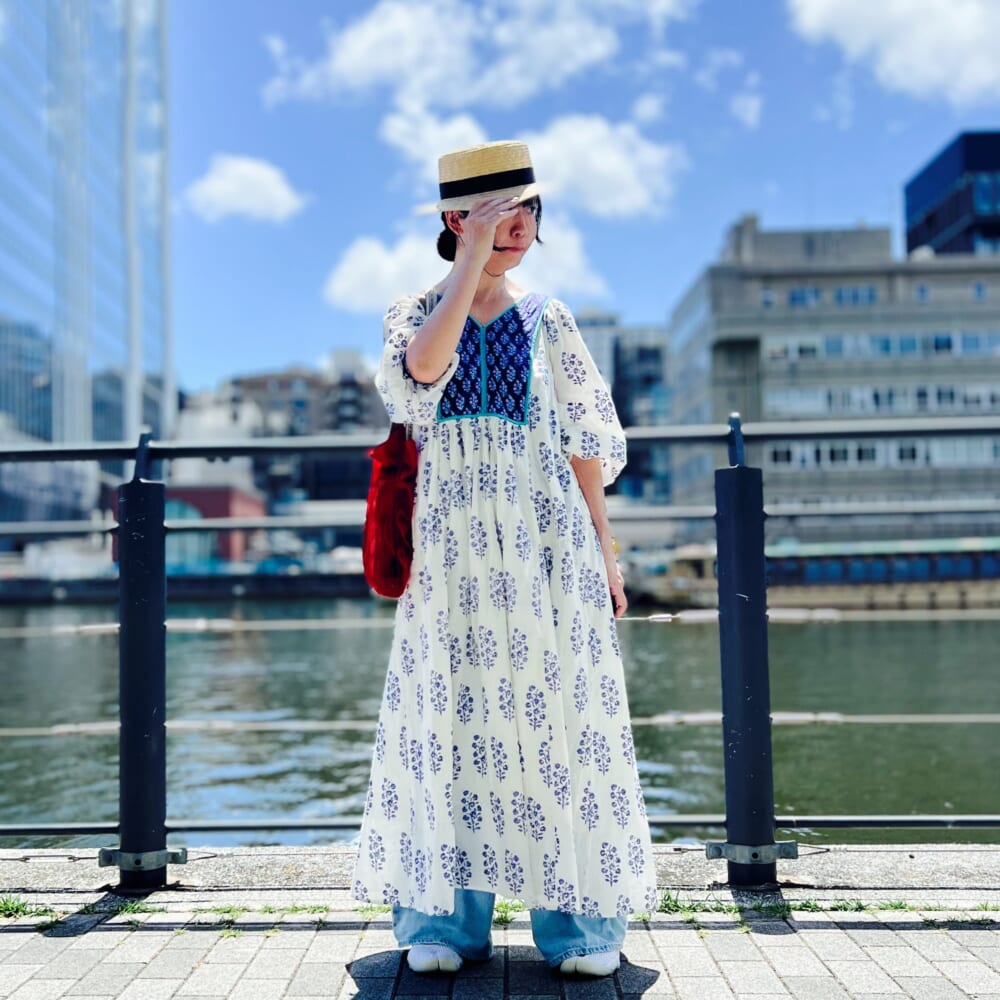 BROWN THEATRE PRODUCTS×FREAK’S STORE 別注 メッシュフリルシューズバッグ ＜ne Quittez pas＞エスニック コンビ ワンピース 田中帽子店　日本製 浅め 麦わら帽子 カンカン帽 マラン・ジー Marin/G