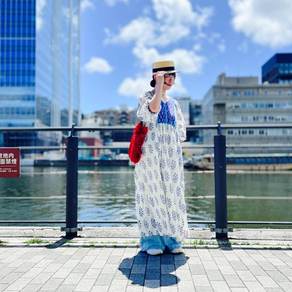 BROWN THEATRE PRODUCTS×FREAK’S STORE 別注 メッシュフリルシューズバッグ ＜ne Quittez pas＞エスニック コンビ ワンピース 田中帽子店　日本製 浅め 麦わら帽子 カンカン帽 マラン・ジー Marin/G
