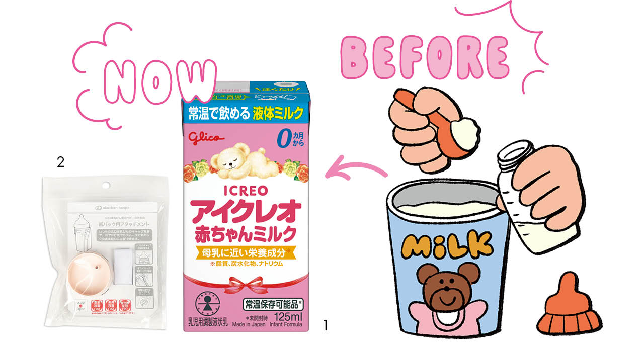 1.「アイクレオ 赤ちゃんミルク」125㎖￥244（江崎グリコ）・2.「広口ほ乳びん愛用ベビーのための紙パック用アタッチメント」￥657／アカチャンホンポ