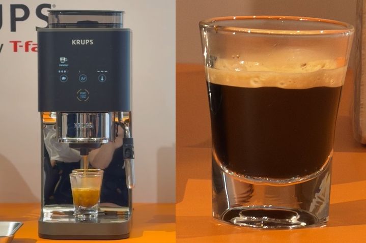 グループセブコーヒーマシーンKRUPS説明　15気圧仕様の高圧ポンプを搭載。エスプレッソ抽出に最適な約8-9気圧で抽出することで、エスプレッソの表面にはきめ細かな泡（クレマ）ができて香り高くコク深い味わいに仕上がります