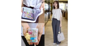 ぷっくりシールを集めた2冊のシール帳と、アイスグレーのトップスを着たTB ふわふわさんの夏コーデ