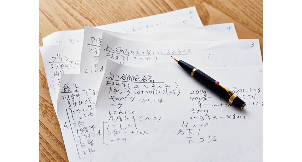 30年以上前から愛用中のモンブランのシャーペンでしたためた、藤井家の定番レシピ