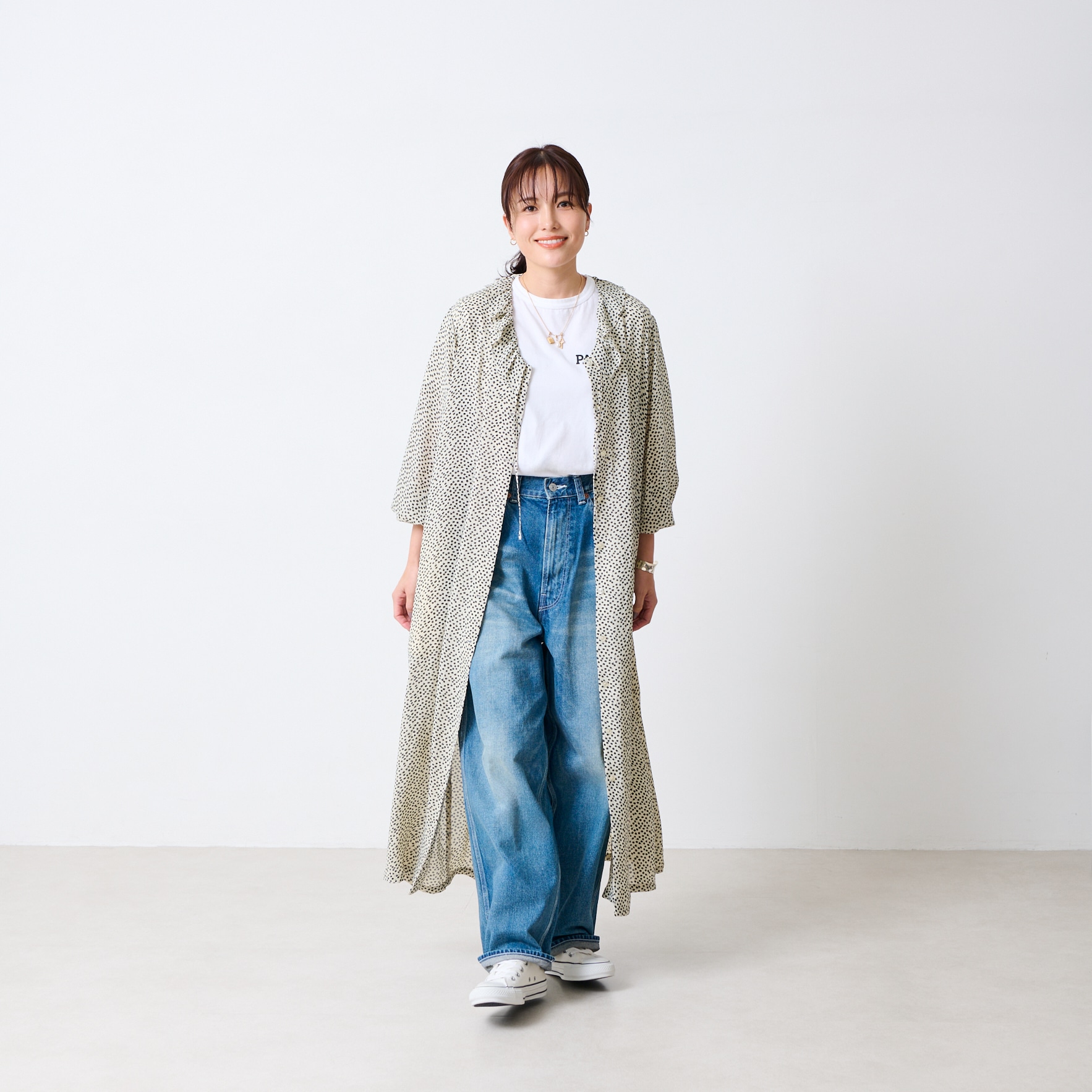 【高山都さんコラボ】プリントワンピース アイボリー着こなし
