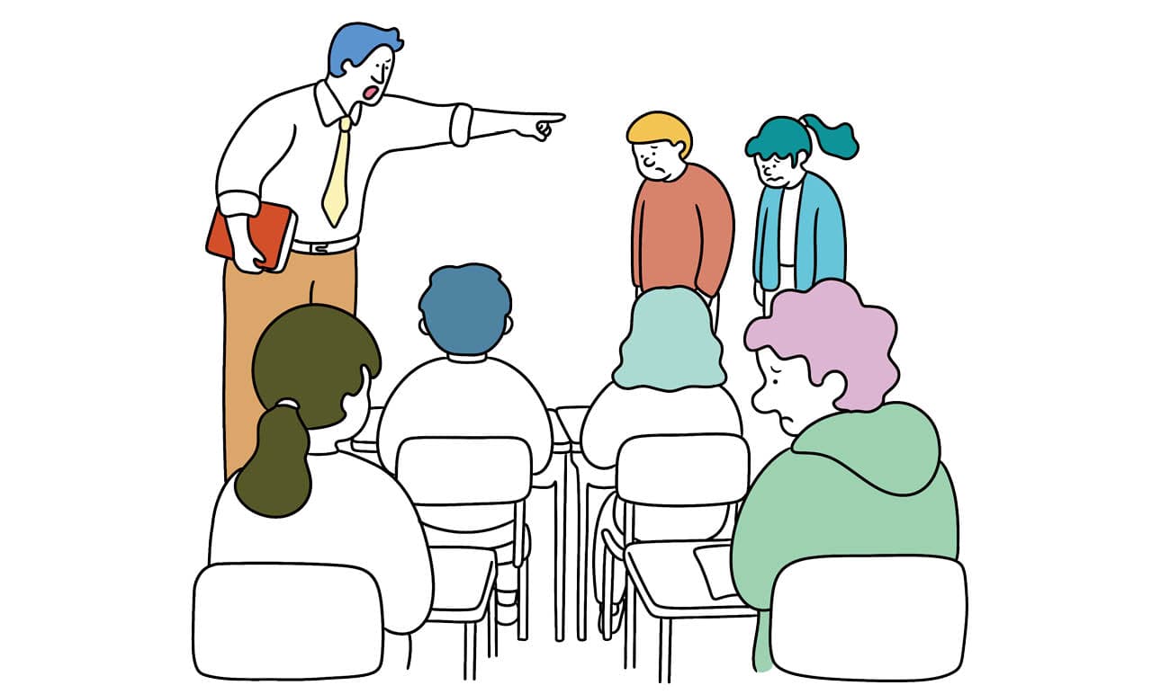 先生がクラスの数人に怒っている様子を見て、心を痛めてしまう イラスト