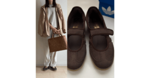50代の“疲れにくくかわいい”を叶える名品。LEE限定ブラウンのアディダス《サンバ・ジェーン》が秋コーデに使えます。50代の3コーデ紹介。
