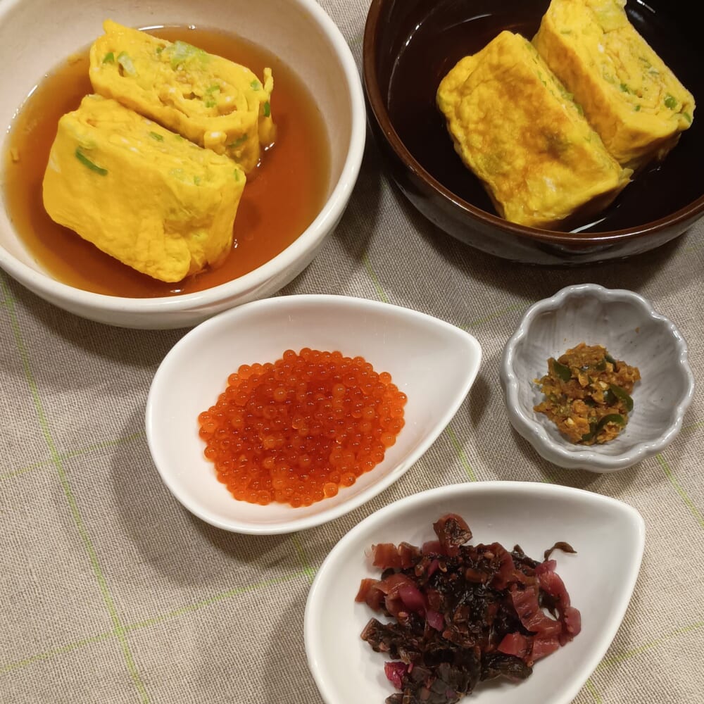 だし巻きたまご 筋子醤油漬け 漬物 南蛮味噌 新米