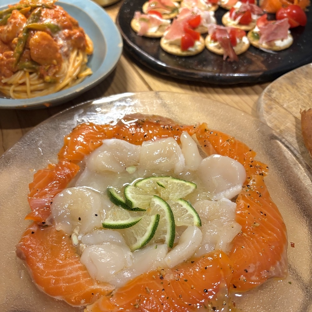 誕生日ディナー ワイン カルパッチョ おつまみ パスタ