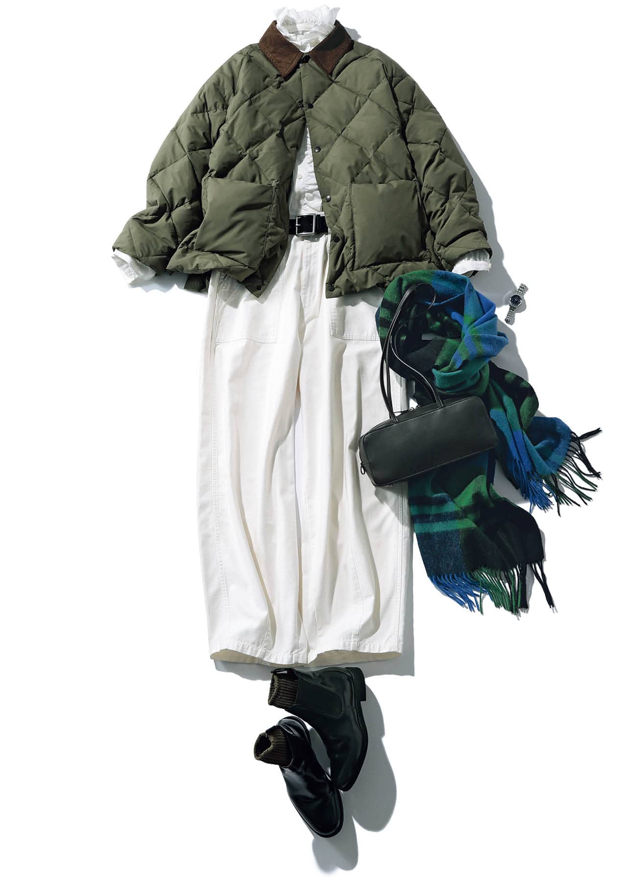 20th Anniv. LEE限定 12closet(トゥエルブクローゼット)【撥水】【石上美津江さんコラボ】衿付きキルティングダウンとTWEEDMILL(ツイードミル)【石上美津江さんセレクト】チェックストールと20th Anniv. LEE限定 LEEマルシェ初 ARTESANOS(アルテサノス)【石上美津江さん別注】スクエアバッグと20th Anniv. LEE限定 12closet(トゥエルブクローゼット)【洗える】【石上美津江さんコラボ】カーヴィパンツのコーデ