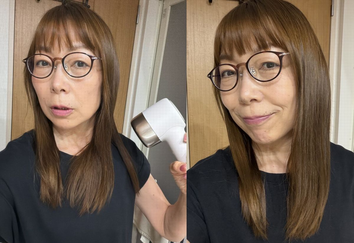 パナソニック「ヘアドライヤー ナノケア EH-NB70 」41,000円。カラーは写真のシアーベージュのほか、アンバーブラック、ミスティーローズも。2026年11月1日発売予定お気に入りのSKINモードを顔だけでなく髪にも当てて仕上げると、ご覧のとおり毛先がスルッとまとまって、浮き毛も抑えられ、艶が出ます。ストレートアイロンを使わずにこの仕上がりはうれしい！