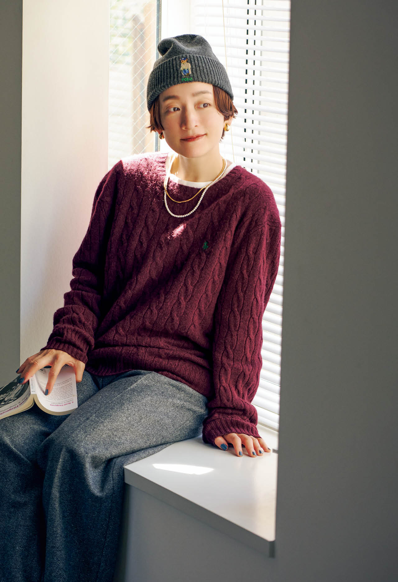 高山都さんのPOLO RALPH LAUREN(ポロ ラルフ ローレン)WOOL CASHMERE CABLE CREW NECK SWEATERとPOLO RALPH LAUREN(ポロ ラルフ ローレン)LITCHFIELD BEAR BEANIEのコーデ